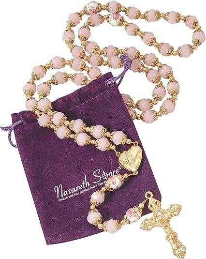 Pink Crystal Beads Gold Flowers Beaded Rosary Necklace Miraculous Heart Locket Medal