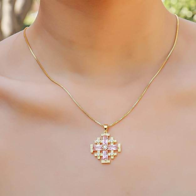 Pink Topaz Jerusalem Cross Pendant 18k Yellow Gold Plated with Crystals Nazareth Store