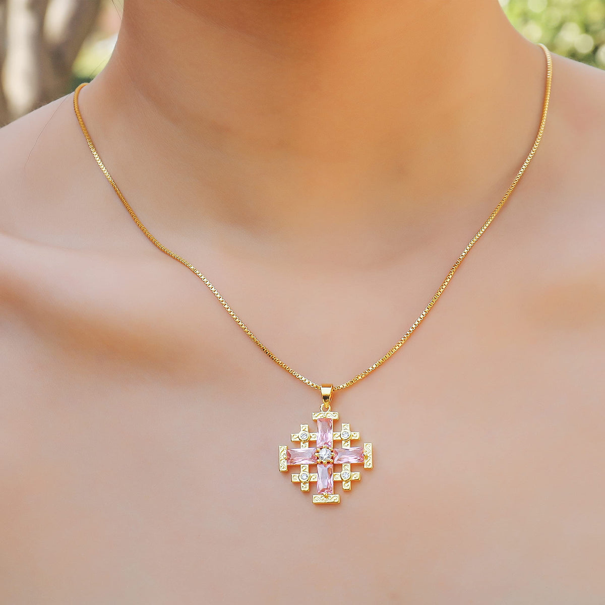 Pink Topaz Jerusalem Cross Pendant 18k Yellow Gold Plated with Crystals - Nazareth Store