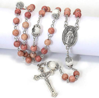 White Howlite Pink Aventurine Beads Rosary Necklace Miraculous Medal Holy Mary Box - Nazareth Store
