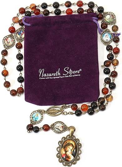 Agate Stone Beads Rosary Necklace with Miraculous & Holy Mary Baby Jesus Medal - Nazareth Store