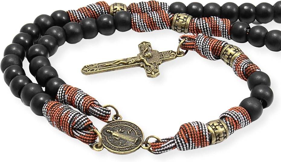 Black Matte Beads Rugged Paracord Rosary St. Benedict INRI Cross Strong Corded Necklace - Nazareth Store