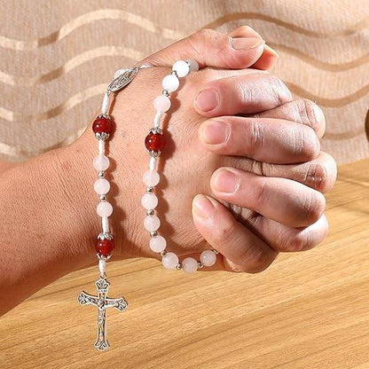 White Jade & Natural Stone Beads Rosary Necklace St. Miraculous Medal & Cross Crucifix - Nazareth Store
