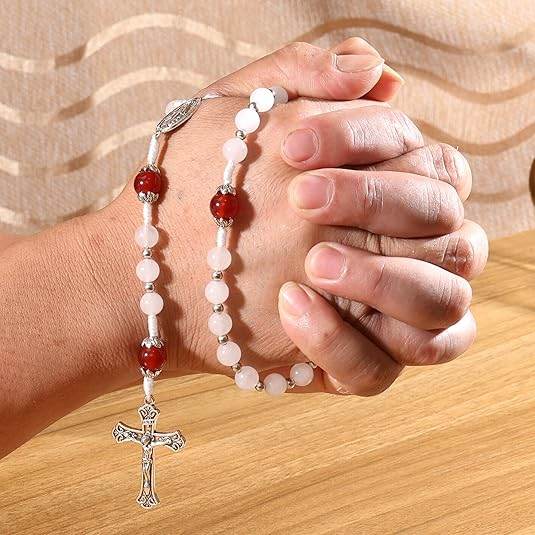 White Jade & Natural Stone Beads Rosary Necklace St. Miraculous Medal & Cross Crucifix - Nazareth Store