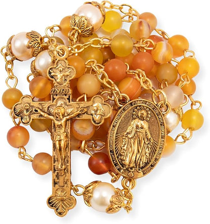 Yellow Matte Stone Rosary Necklace with Pearl Beads Miraculous Medal & Cross