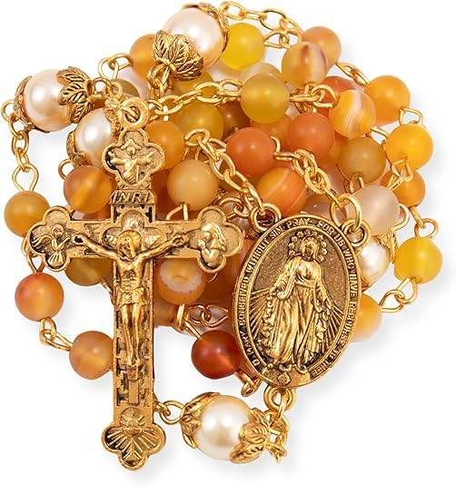 Matte Stone & Pearl Round Beads Rosary Gold Necklace Miraculous Medal & Cross - Nazareth Store