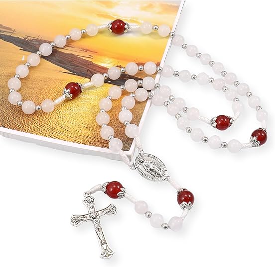 St. Miraculous 8mm White Jade & 10mm Natural Red Garnet Stone Beads Rosary Necklace Nazareth Store