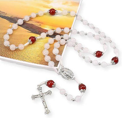 White Jade & Natural Stone Beads Rosary Necklace St. Miraculous Medal & Cross Crucifix - Nazareth Store
