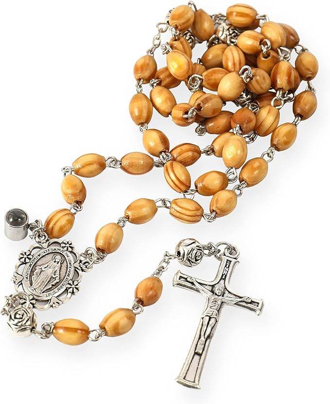Our Father Prayer Olive Wood Rosary Beaded Necklace with Miraculous Centerpiece and Jesus Crucifix - Nazareth Store