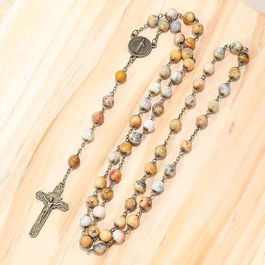 African Jasper Antique Bronze Rosary Necklace St. Benedict Cross and Medal - Nazareth Store