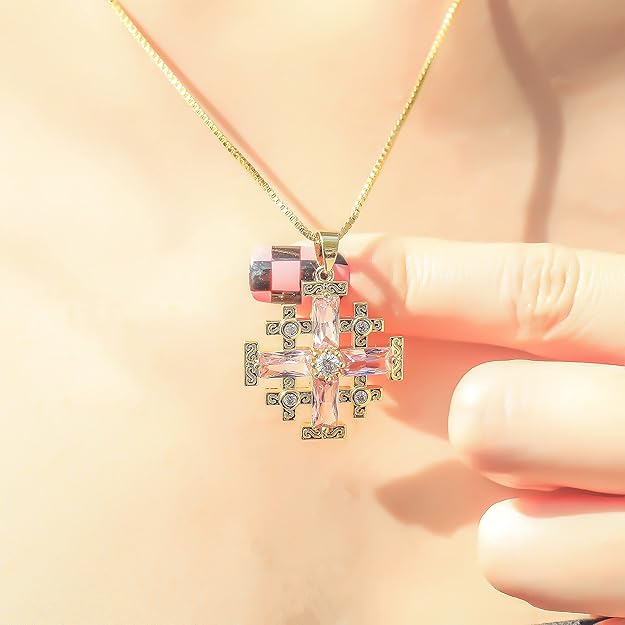 Jerusalem Cross Pendant 18k Gold plating on a silver base with created topaz and 20 inches long chain necklace.