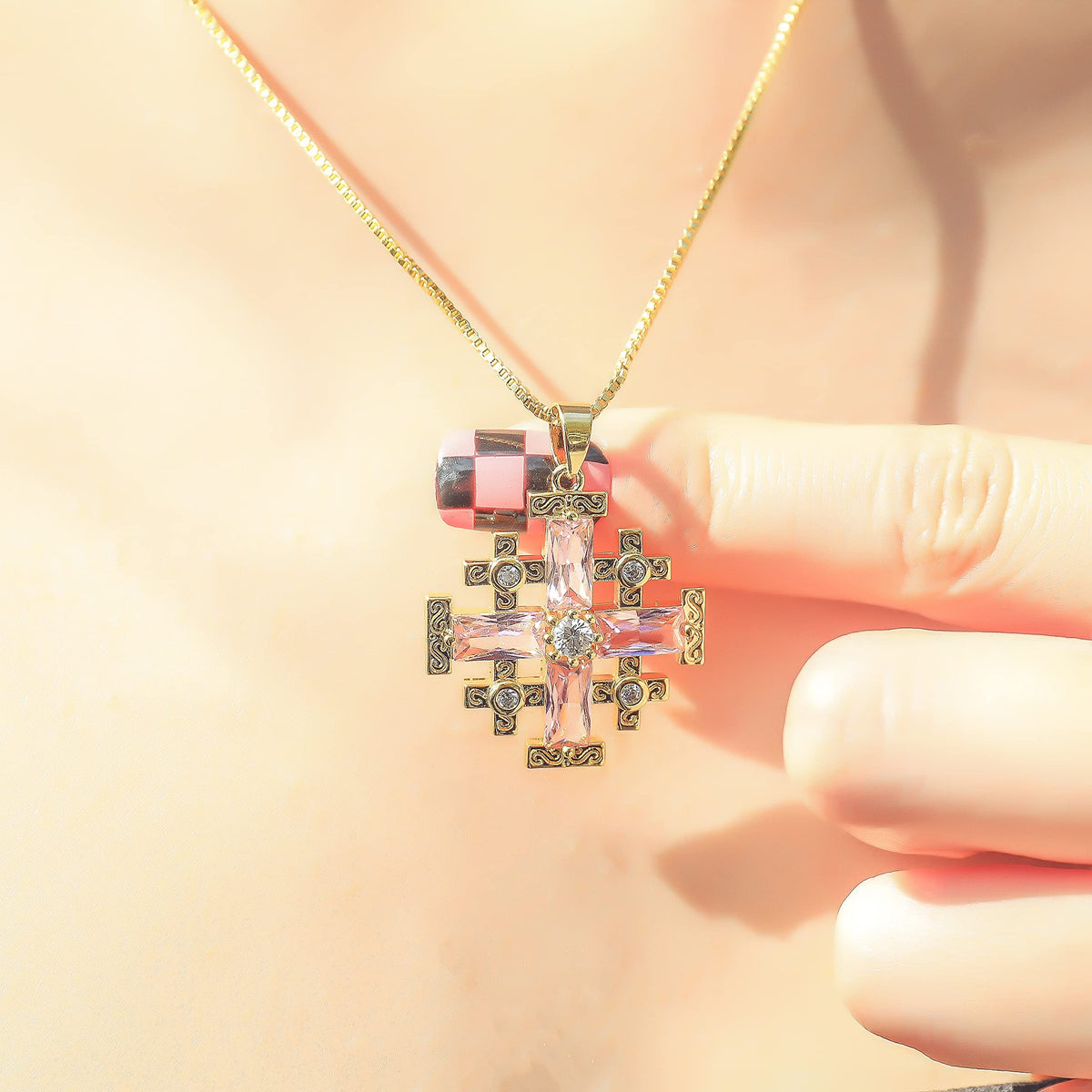 Pink Topaz Jerusalem Cross Pendant 18k Yellow Gold Plated with Crystals - Nazareth Store
