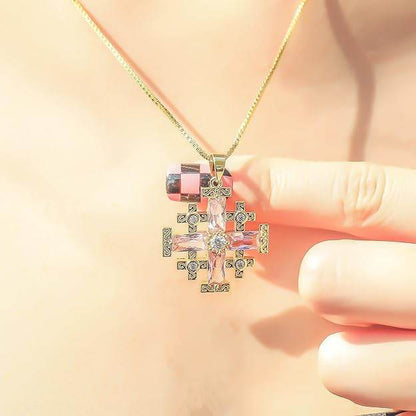 Pink Topaz Jerusalem Cross Pendant 18k Yellow Gold Plated with Crystals - Nazareth Store