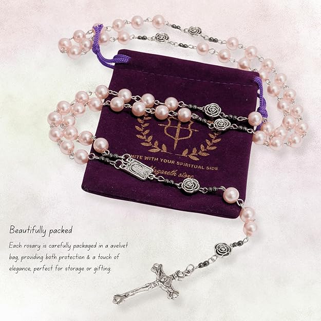 Pink Pearl Beads Rosary Metal Mystery Roses with Hematite Stone Necklace Nazareth Store