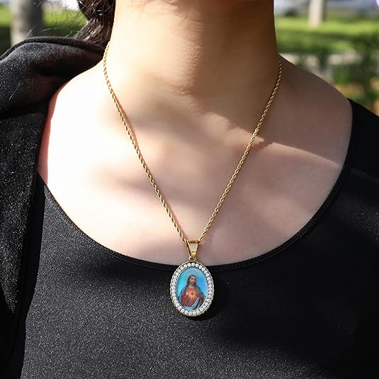18k Gold Plated Zircon Oval Jesus Immaculate Heart 3D Stainless Steel Necklace Nazareth Store