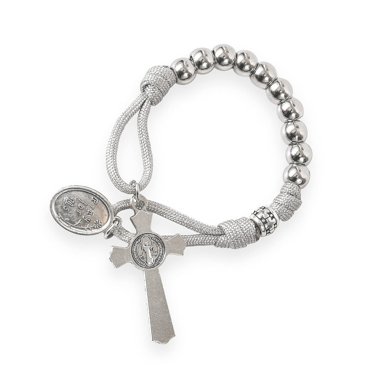 Strong Military One Decade Grey Paracord Rosary Silver Beads Pocket Car Rosary St. Joseph Medal & St. Benedict Cross - Nazareth Store