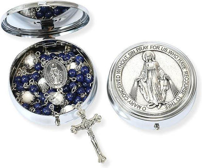 White Howlite Blue Lapis Lazuli Beads Rosary Necklace Miraculous Medal Holy Mary Box - Nazareth Store