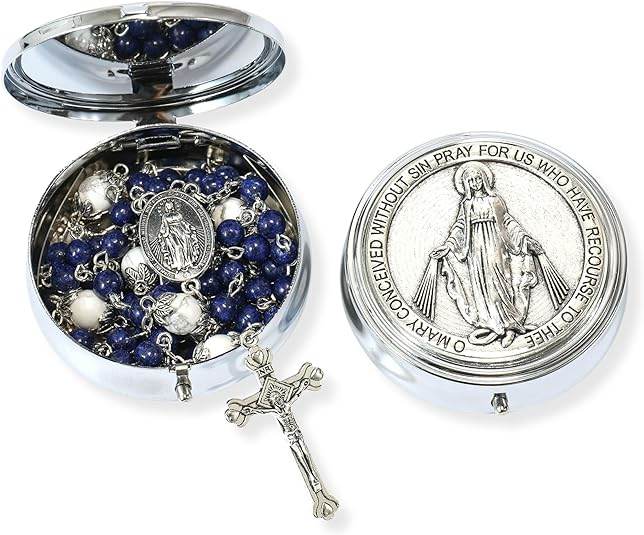 White Howlite Blue Lapis Lazuli Beads Rosary Necklace Miraculous Medal Holy Mary Box - Nazareth Store