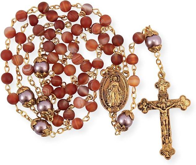 Matte Stone & Pearl Round Beads Rosary Gold Necklace Miraculous Medal & Cross - Nazareth Store
