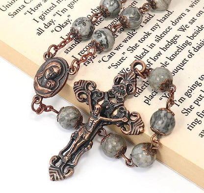 Map Stone Natural Stone Rosary Beads Necklace Holy Soil & Cross Crucifix - Nazareth Store
