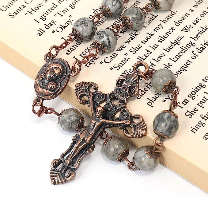 Map Stone Natural Stone Rosary Beads Necklace Holy Soil & Cross Crucifix - Nazareth Store