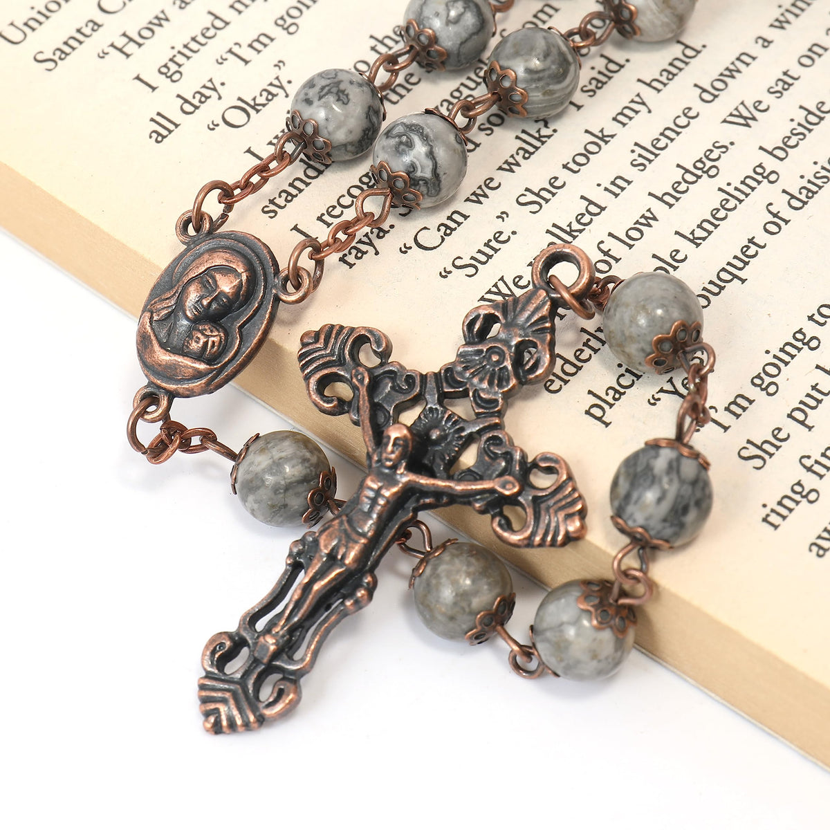 Map Stone Natural Stone Rosary Necklace with Holy Soil Medal & Crucifix Cross - Nazareth Store