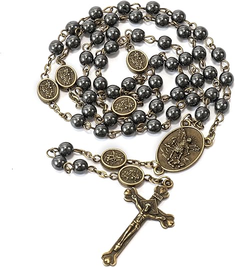Copy of Black Hematite Copper St. Michael Stone Beads Rosary Necklace with Metal Box Nazareth Store