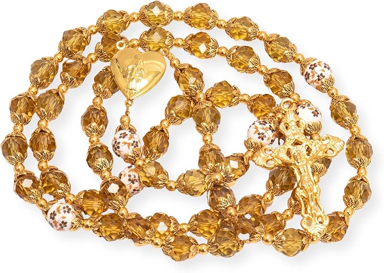 Crystal Beads Gold Flowers Beaded Rosary Necklace Miraculous Heart Locket Medal & Cross Nazareth Store