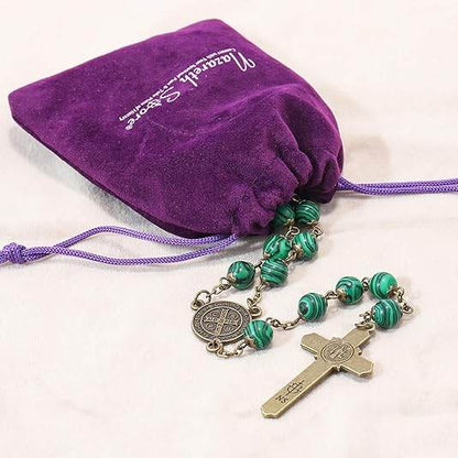 St. Benedict Malachite Antique Bronze Rosary Necklace Cross and Medal - Nazareth Store