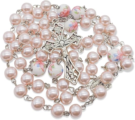 White Flowers Pink Pearl Rosary Beads Miraculous Medal & Cross Crucifix Nazareth Store