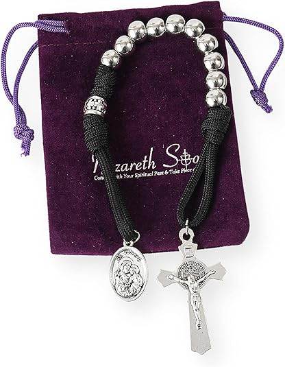 Silver Beads Black Paracord Pocket Car Rosary St. Joseph Medal & St. Benedict Cross - Nazareth Store