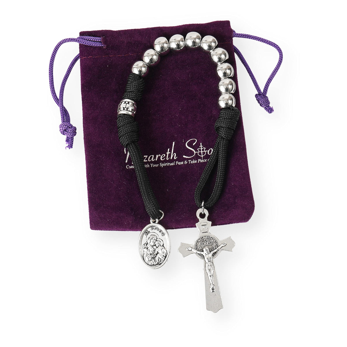 Silver Beads Black Paracord Pocket Car Rosary St. Joseph Medal & St. Benedict Cross - Nazareth Store