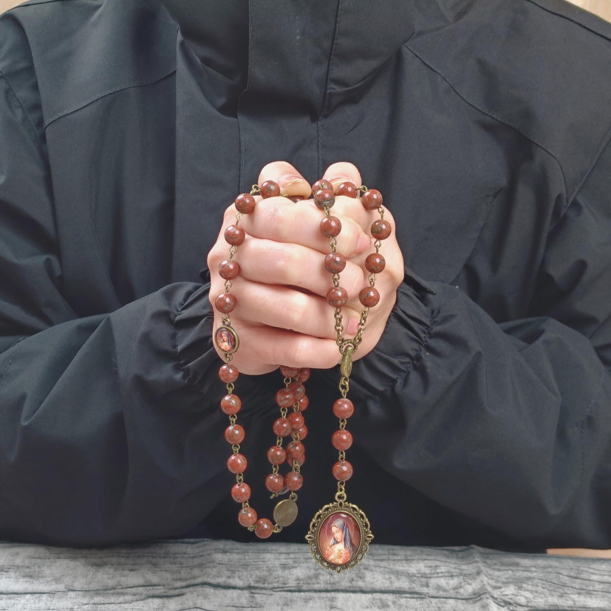 Red Coral Our Lady Sorrows Stone Beads Rosary Chaplet Necklace with Epoxy 7 Medallion - Nazareth Store