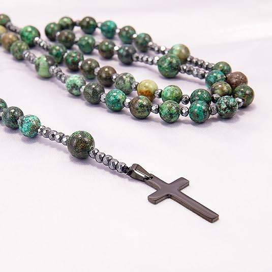Hematite Stone Beaded Rosary Necklace with Black Metal Cross - Nazareth Store