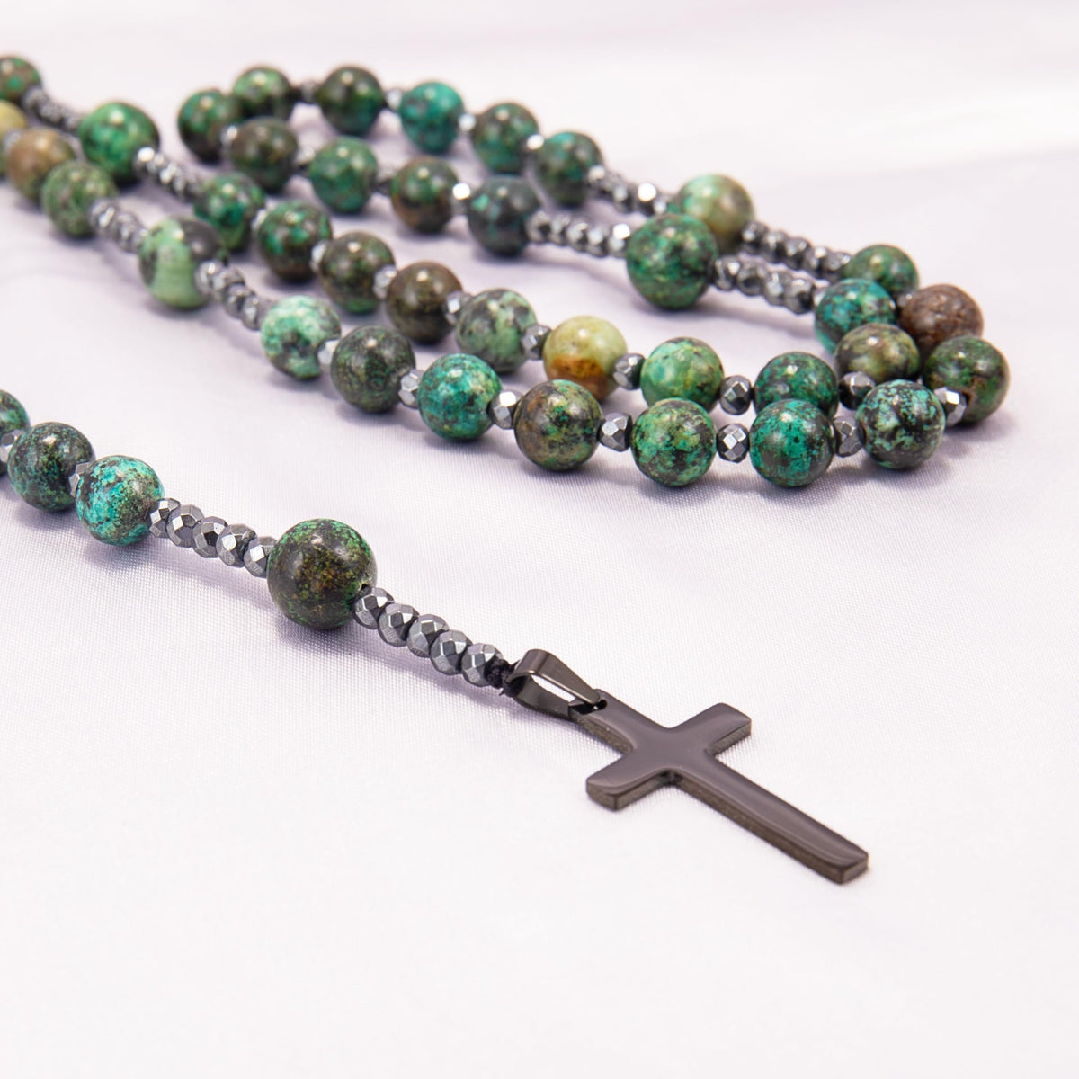 African Jasper Catholic Rosary Necklace with Hematite Beads & Black Cross
