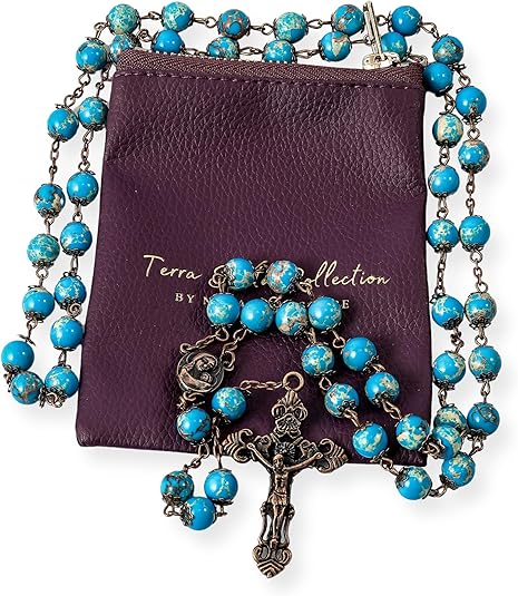 Jasper Turquoise Rosary Stone Beads Necklace Holy Soil Medal & Cross Nazareth Store