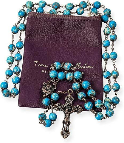 Jasper Turquoise Stone Beads Rosary Necklace with Holy Soil Medal & Cross - Nazareth Store