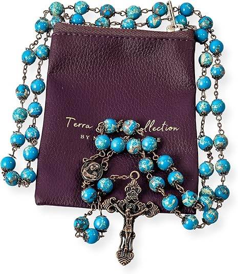 Jasper Turquoise Stone Beads Rosary Necklace with Holy Soil Medal & Cross - Nazareth Store