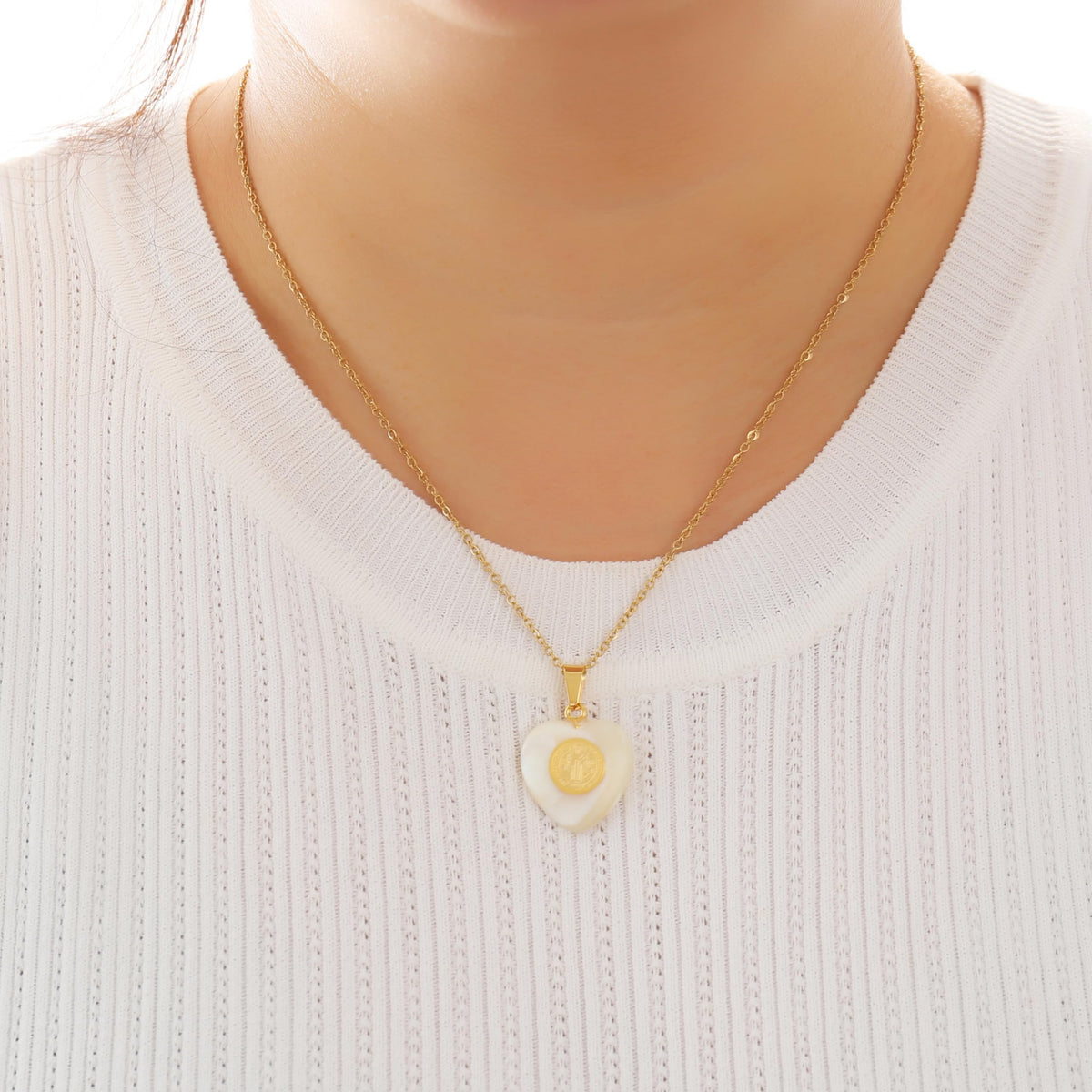 Mother of Pearl Pendant Miraculous Medal on 18K Gold Plated Chain Necklace - Nazareth Store