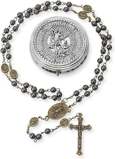 Black Hematite Stone Beads Rosary St. Michael Necklace with Metal Box - Nazareth Store