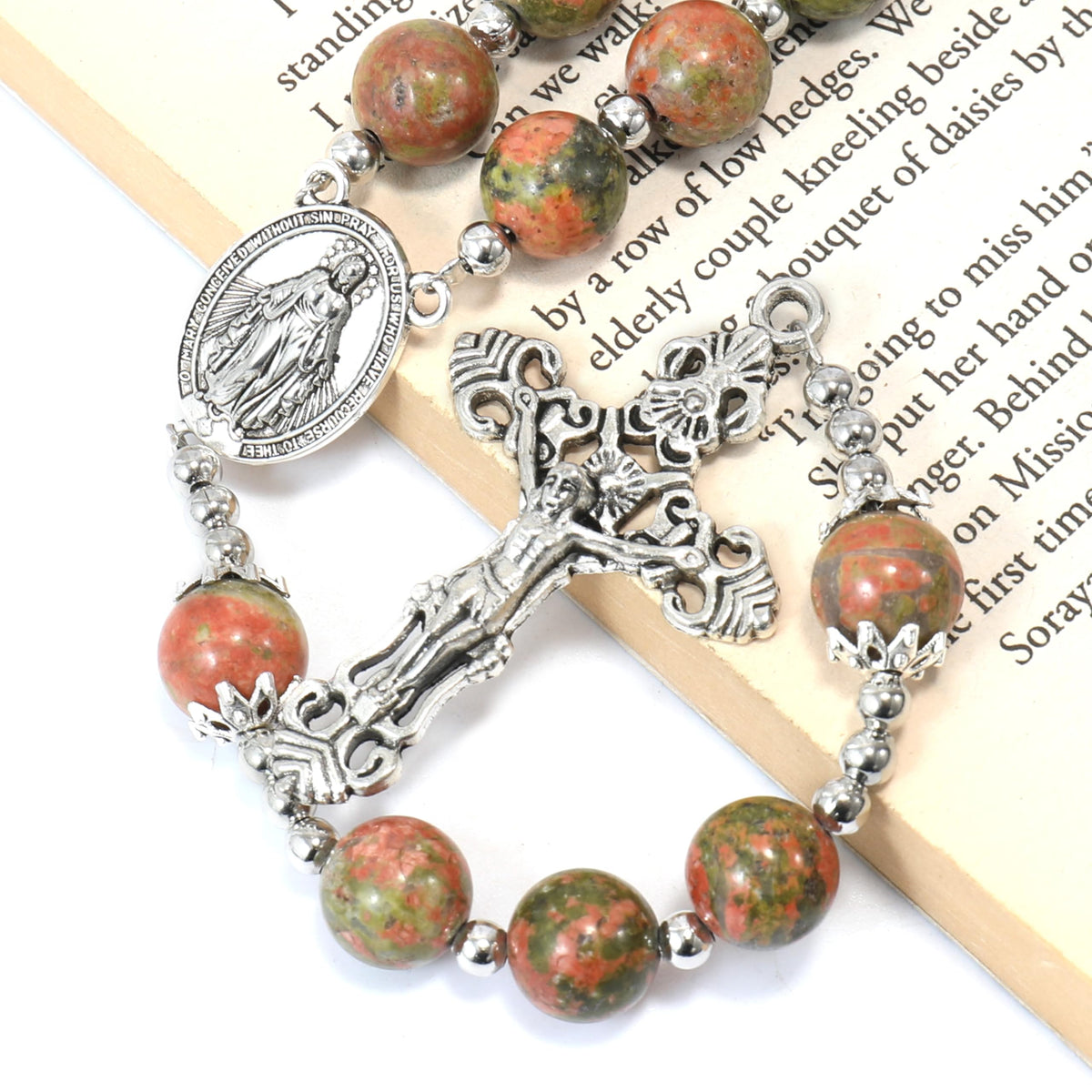 Natural Agate Green Flower Beads Rosary Necklace with Silver Miraculous Medal with Cross - Nazareth Store