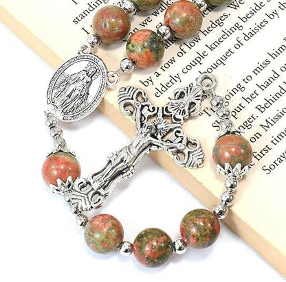 Natural Agate Green Flower Beads Rosary Necklace with Silver Miraculous Medal with Cross - Nazareth Store