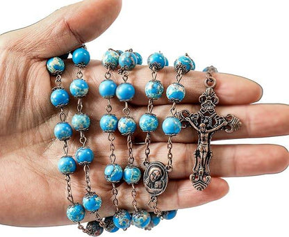 Jasper Turquoise Stone Beads Rosary Necklace with Holy Soil Medal & Cross - Nazareth Store