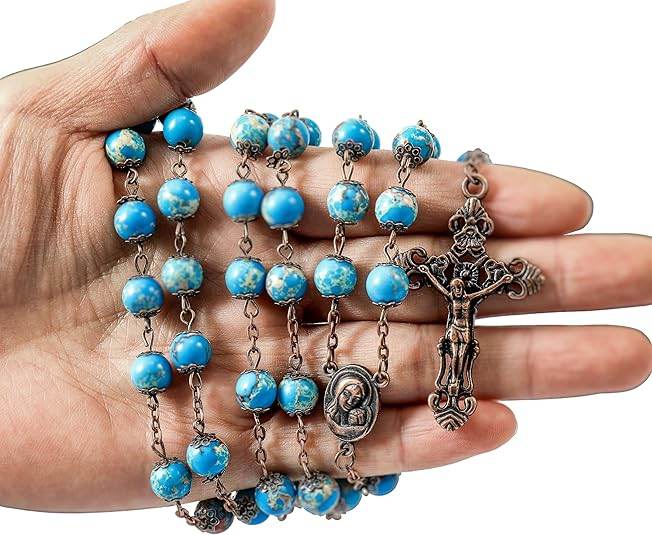 Jasper Turquoise Stone Beads Rosary Necklace with Holy Soil Medal & Cross - Nazareth Store