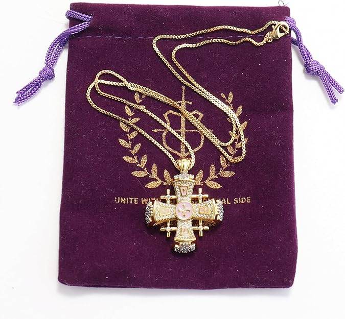 Pink Enamel Jerusalem Cross Pendant Necklace 18k Gold Plating Crystallized Stones Nazareth Store