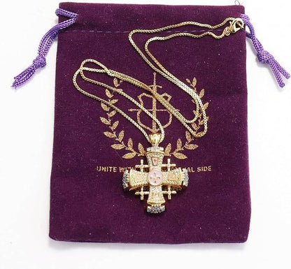 Pink Enamel Jerusalem Cross Pendant Necklace 18k Gold Plating Crystallized Stones - Nazareth Store