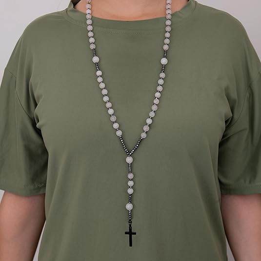 Hematite Stone Beaded Rosary Necklace with Black Metal Cross - Nazareth Store