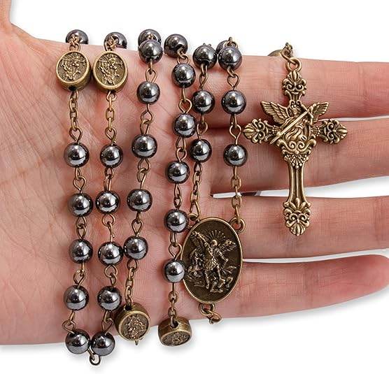 Hematite Rosary Necklace with Bronze Archangel Medal & St. Michael Cross - Nazareth Store