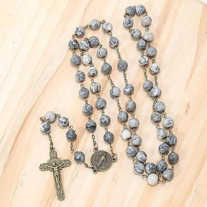 St. Benedict Map Stone Antique Bronze Rosary Necklace Cross and Medal - Nazareth Store