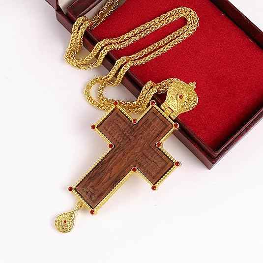 Gold Plated Russian Cross Pendant Wood & Red Stones Orthodox Necklace